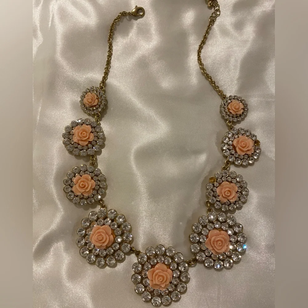 Pink Roses Surrounded by Crystals in this Necklace. Lobster Claw Clasp - Picture 6 of 8